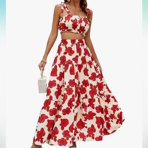 NW MakeMeChic Two Piece Outfits Boho Floral Tie Crop Top & Ruffle Maxi Skirt Set
